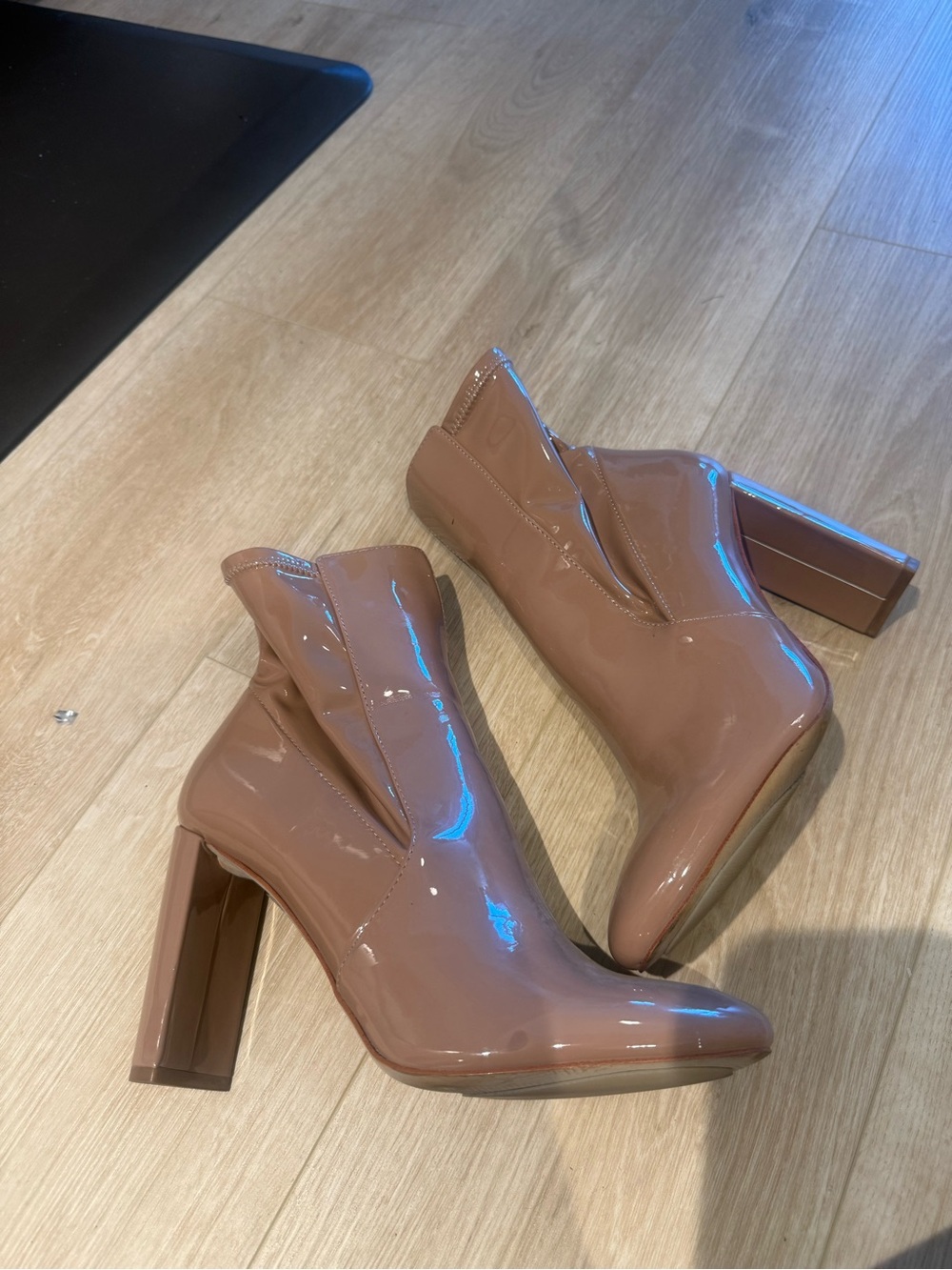 Aldo Glossy Taupe Patent Block Heel Ankle Boots